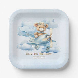 Watercolor Teddy Bear Pilot First Birthday Paper Plate