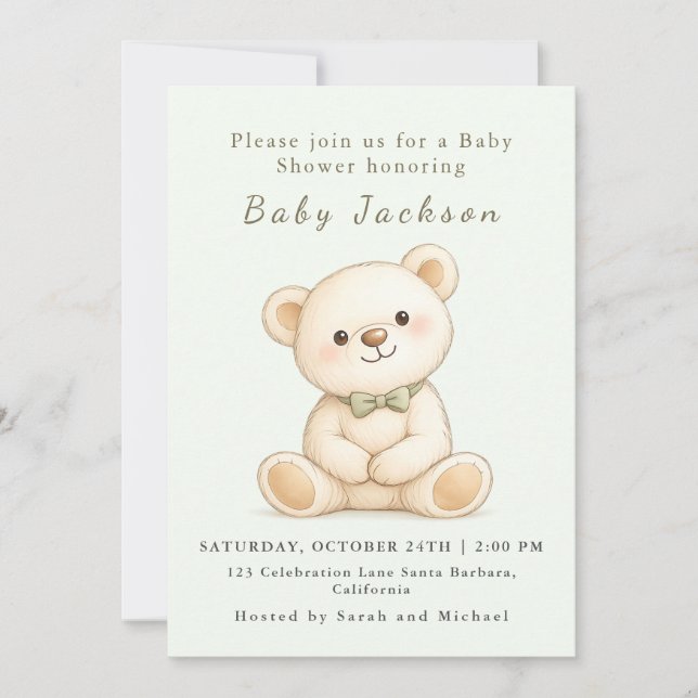 Watercolor Teddy Bear Sage Green Invitation (Front)