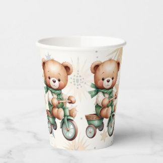 Watercolor Teddy Bear Stars Green Bike Party Paper Cups