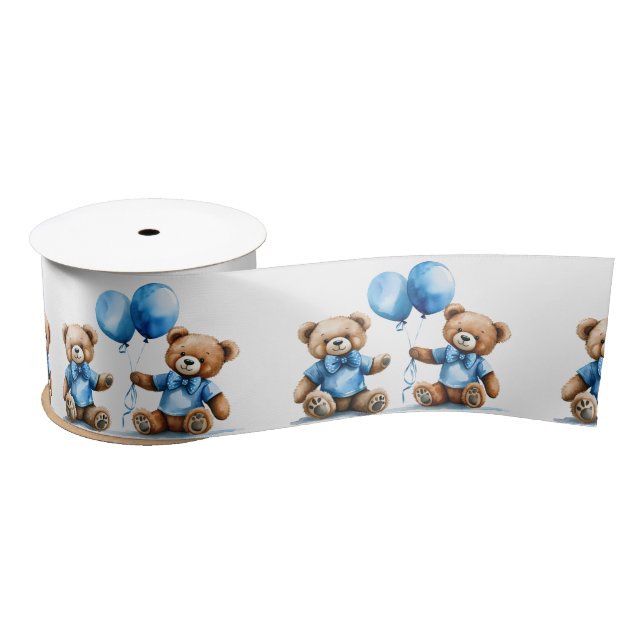 Watercolor Teddy Bear Twin Boys Satin Ribbon (Spool)