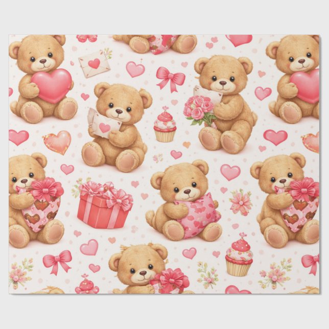 Watercolor Teddy Bear Valentine's Day Pattern Wrapping Paper (Flat)
