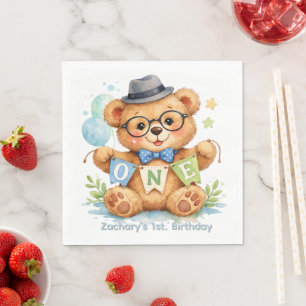Watercolor Teddy Bear with ONE Banner Birthday Napkin