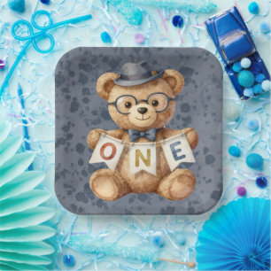 Watercolor Teddy Bear with ONE Banner Birthday Paper Plate