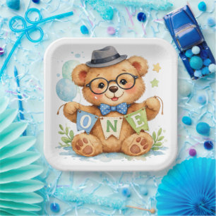 Watercolor Teddy Bear with ONE Banner Birthday Paper Plate