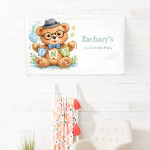 Watercolor Teddy Bear with ONE Birthday Banner