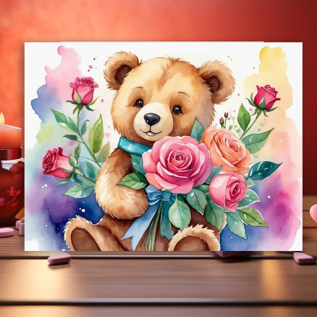 Watercolor Teddy Bear with Roses Print Poster  (Creator Uploaded)