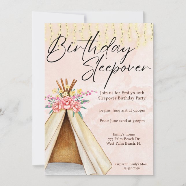 Watercolor Teepee Tent Slumber Party Birthday Invitation (Front)