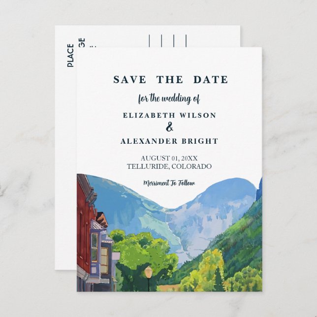 Watercolor Telluride Colorado Wedding Invitation Postcard (Front/Back)