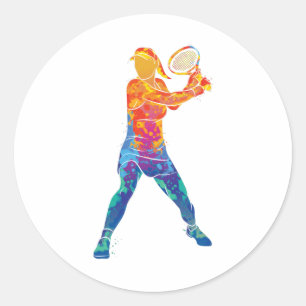 Watercolor Tennis Woman Classic Round Sticker