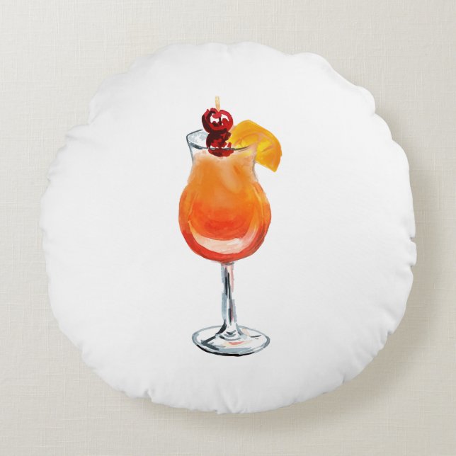 Watercolor Tequila Sunrise Cocktail Round Cushion (Front)