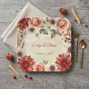 Watercolor Terracotta Autumn Floral Rustic Wedding Paper Plate