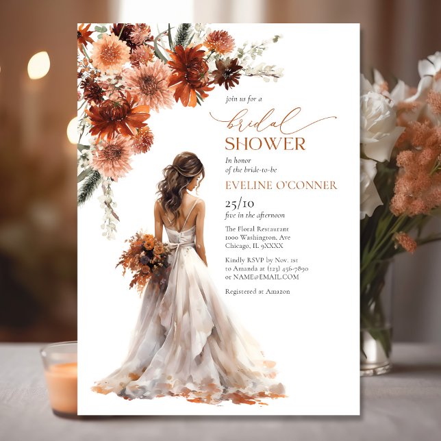 Watercolor terracotta fall flowers wedding gown invitation (Watercolor terracotta fall flowers wedding gown invitation)