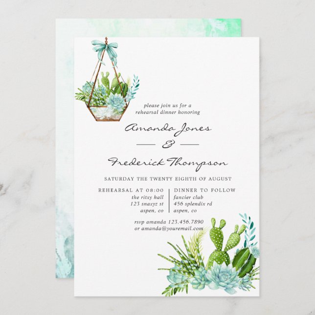Watercolor Terrarium Succulents Rehearsal Dinner Invitation (Front/Back)