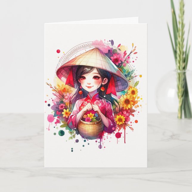 Watercolor Tet Girl Holiday Card (Front)