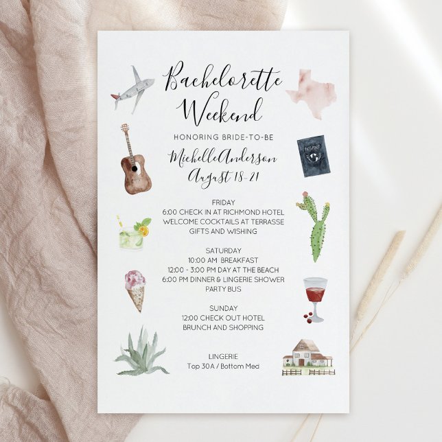 Watercolor Texas Bachelorette Weekend Itinerary (Watercolor Texas Bachelorette Weekend Itinerary invitation)