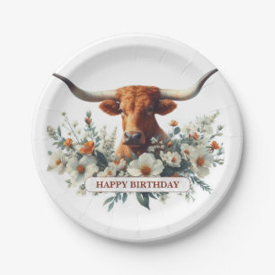 Watercolor Texas Longhorn Birthday Paper Plate