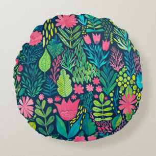 Watercolor texture with flowers and plants. Floral Round Cushion