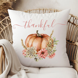 Watercolor Thankful Autumn Fall Pumpkin Floral Thr Cushion