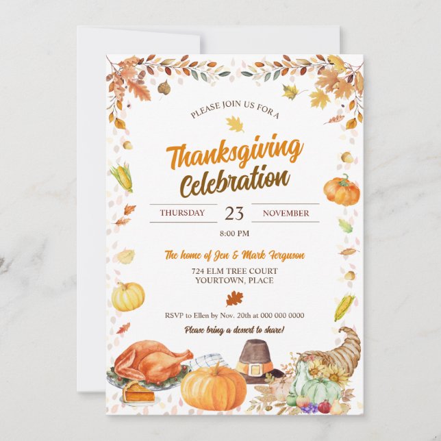 Watercolor Thanksgiving Celebration Invitation (Front)