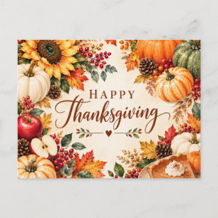 Watercolor Thanksgiving Harvest Autumn Pumpkin Holiday Postcard