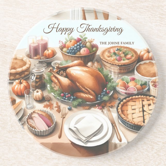 Watercolor Thanksgiving Illustration Coaster (Front)