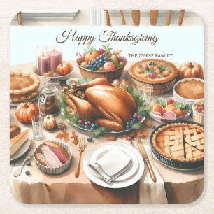 Watercolor Thanksgiving Illustration Square Paper Coaster