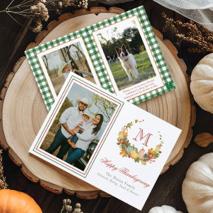 Watercolor Thanksgiving Monogram Wreath Photo Holiday Card