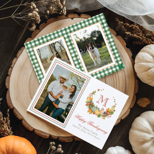 Watercolor Thanksgiving Monogram Wreath Photo Holiday Card