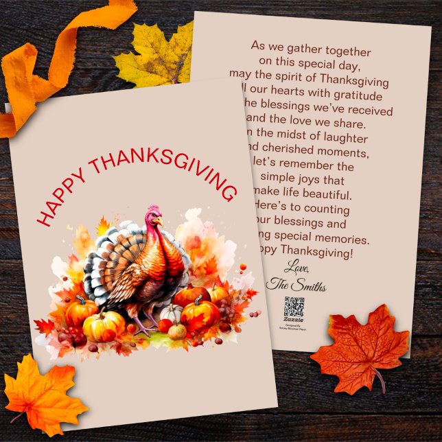 Watercolor Thanksgiving Turkey and Pumpkins  Holiday Card (Creator Uploaded)