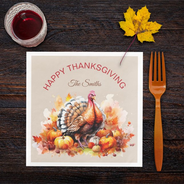 Watercolor Thanksgiving Turkey and Pumpkins  Napkin (Creator Uploaded)