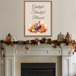 Watercolor Thanksgiving Turkey and Pumpkins Photo Print