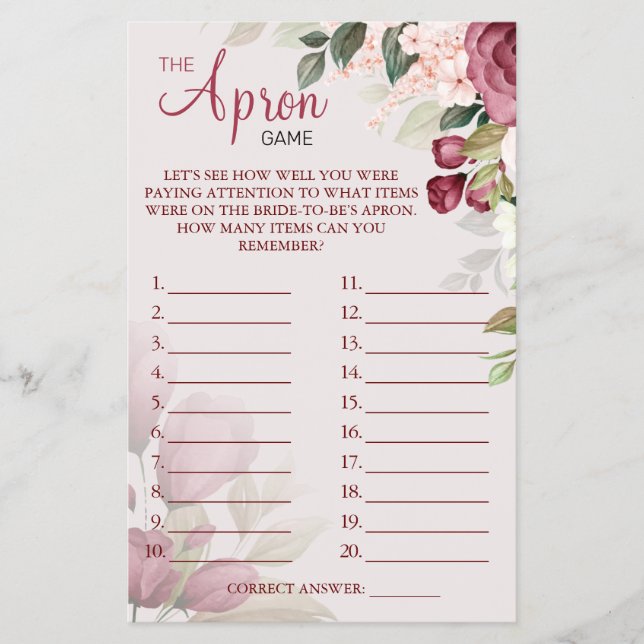 Watercolor  The Apron Bridal shower game card (Front)
