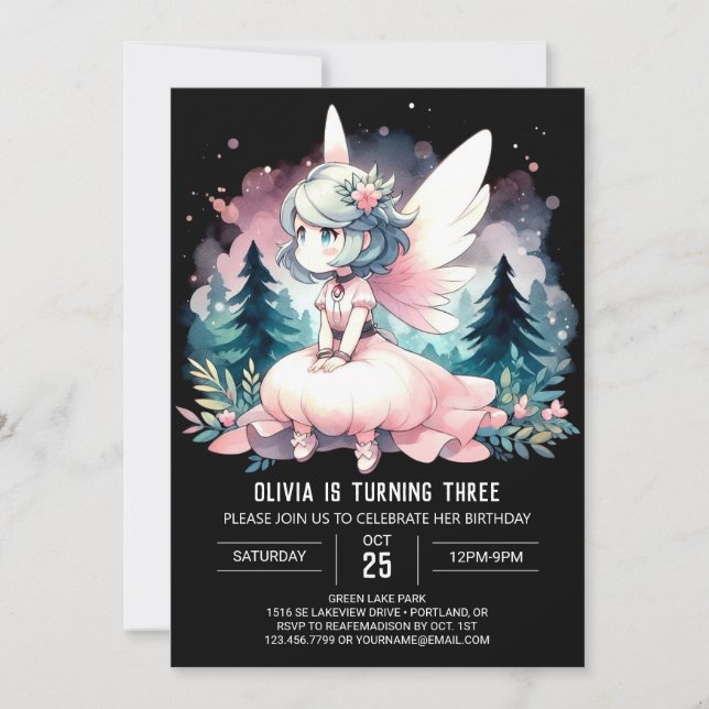 Watercolor Theme Fairy Birthday Invitation (Front)