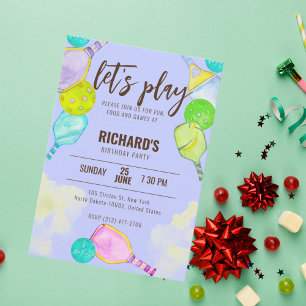 Watercolor Theme Pickleball Blue Birthday Party Invitation