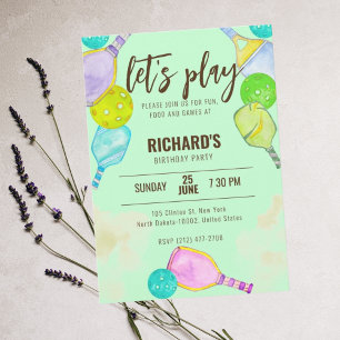 Watercolor Theme Pickleball Green Birthday Party Invitation