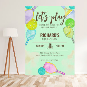 Watercolor Theme Pickleball Green Birthday Party Invitation