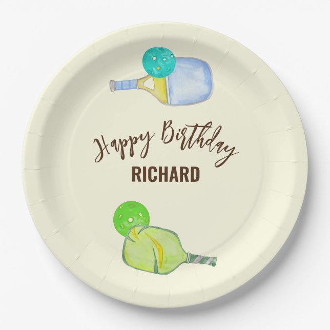 Watercolor Theme Pickleball Light Birthday Party Paper Plate (Front)