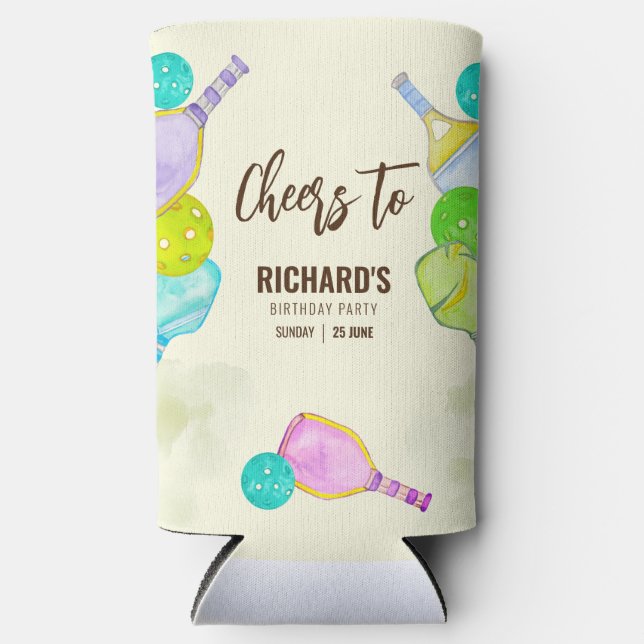 Watercolor Theme Pickleball Light Birthday Party Seltzer Can Cooler (Front)