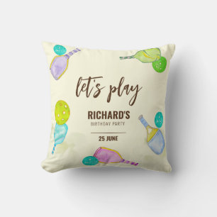 Watercolor Theme Pickleball Sports Birthday Party Cushion