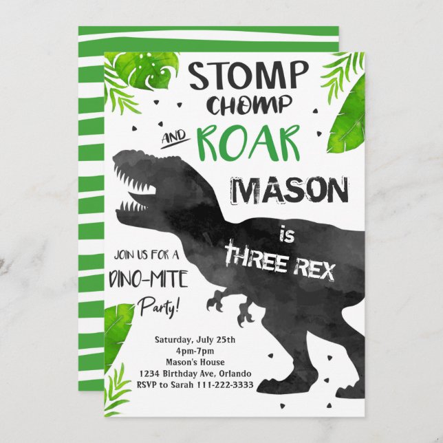 Watercolor Three-Rex Dinosaur 3rd Birthday Invite (Front/Back)