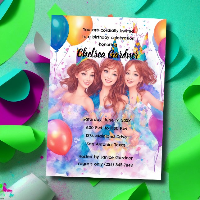Watercolor Three Young Girls Celebrating Birthday Invitation (Creator Uploaded)