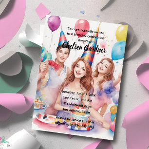 Watercolor Three Young People Celebrating Birthday Invitation