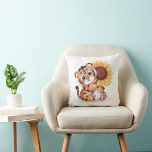 Watercolor Tiger Hugging a Sunflower Cushion