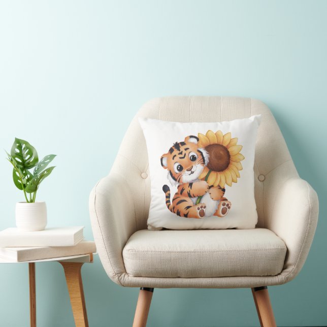Watercolor Tiger Hugging a Sunflower Cushion (Chair)