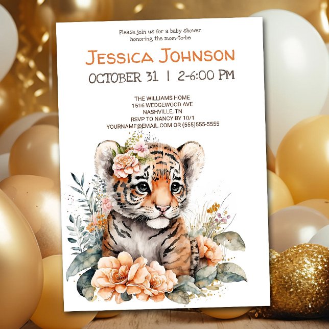 Watercolor Tiger in Flowers Baby Shower Invitation (Creator Uploaded)