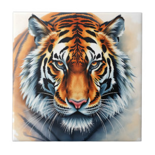 Watercolor Tiger Portrait With Fierce Eyes Ceramic Tile
