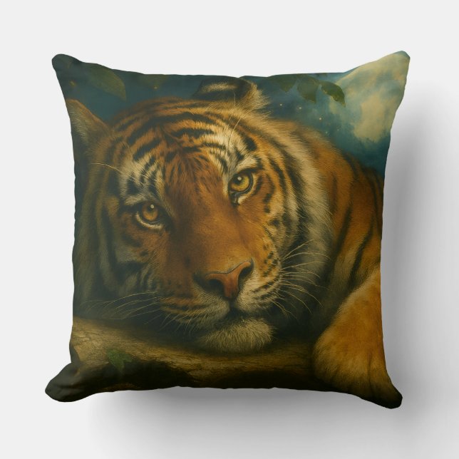 Watercolor Tiger Resting in Night Forest Cushion (Front)