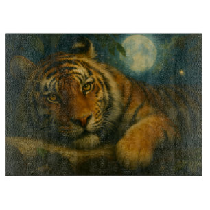 Watercolor Tiger Resting in Night Forest Cutting Board