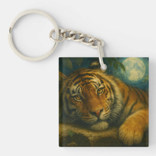 Watercolor Tiger Resting in Night Forest Key Ring
