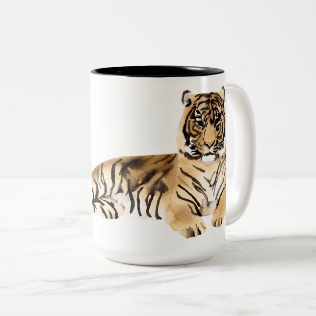 Watercolor Tiger Resting Two-Tone Coffee Mug (Front Right)